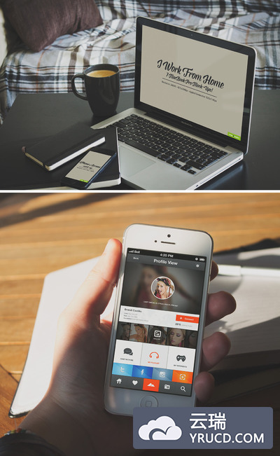 苹果设备展示模型PSD下载（场景：早晨）