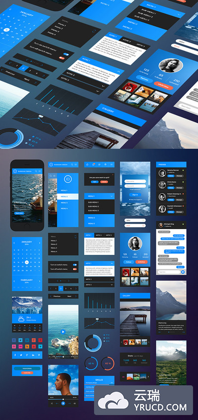 宝石蓝的视网膜屏网站ui界面＋iPhone6 APP节目套装PSD下载