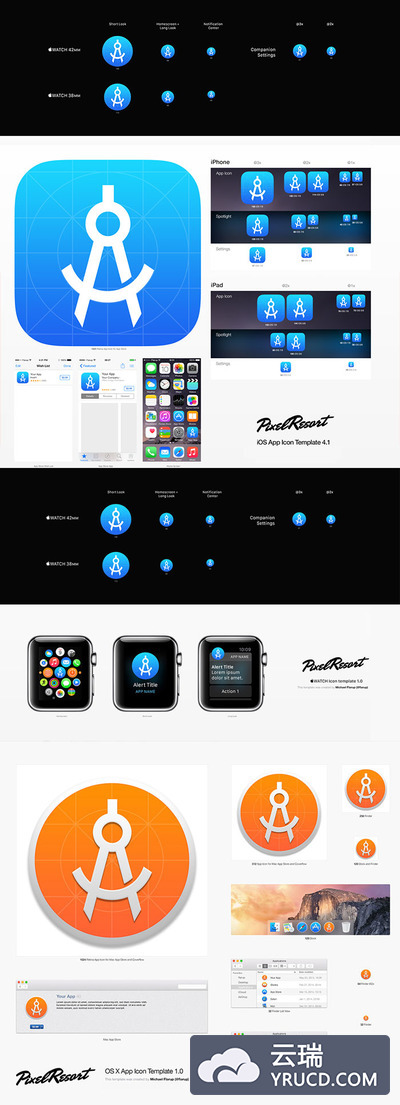 APP图标自动设计模版PSD下载（IOS8、AppleWatch、OS X和iPad的图标）