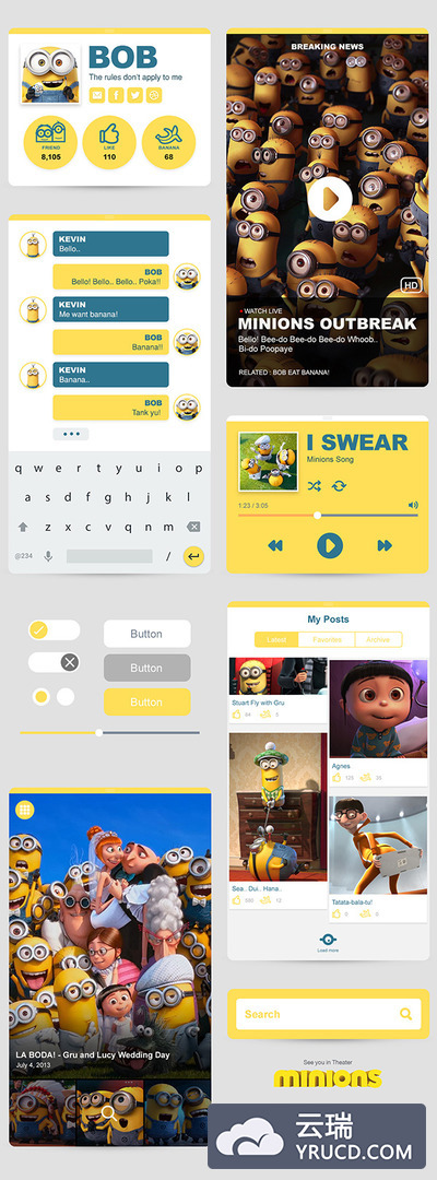 Minions小黄人主题的APP Ui Kit 工具包套装PSD 打包下载