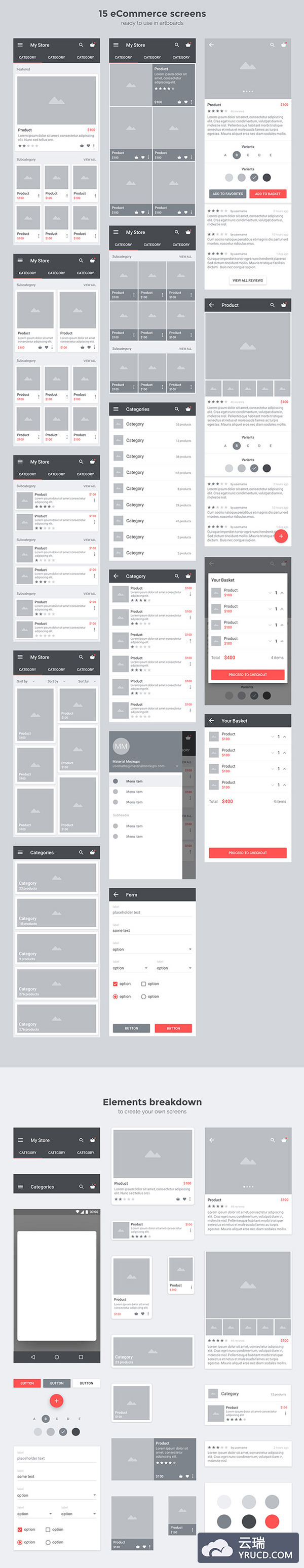 CARBON出品的APP界面UI线框图源文件下载［for Android5.0 Material］