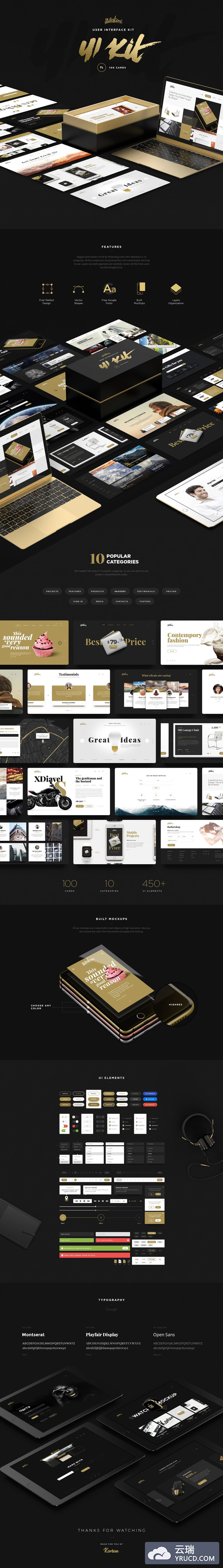 高品质黑金色的电商&服务类WEB UI kit打包下载（500MB，100个页面）