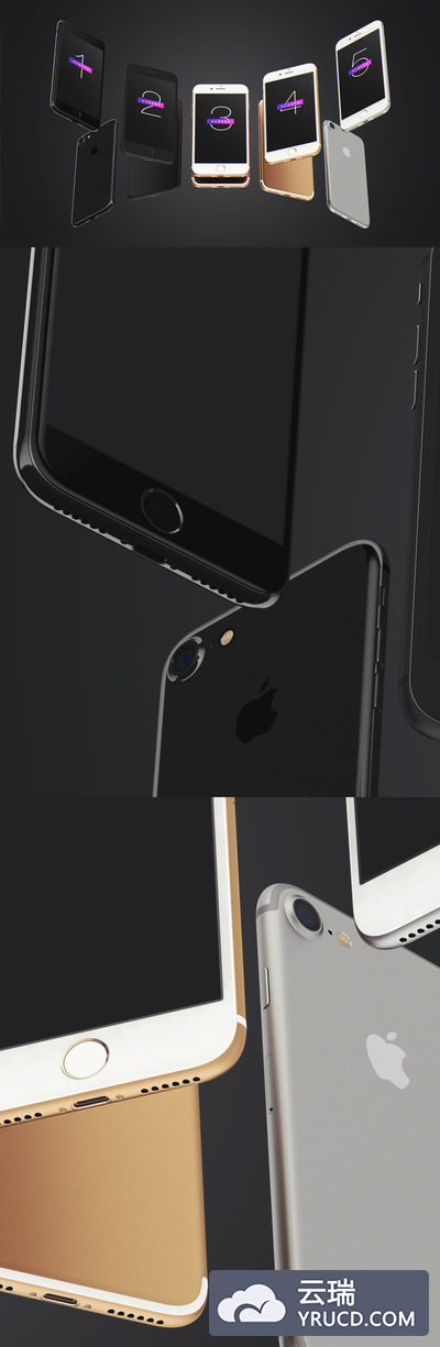 一套完美的多角度iPhone7展示模型（Mockup）套装PSD下载