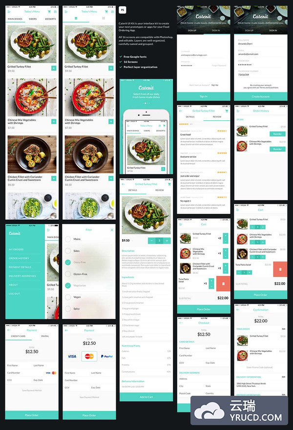 一套漂亮的美食类APP UI Kits打包下载[PSD]