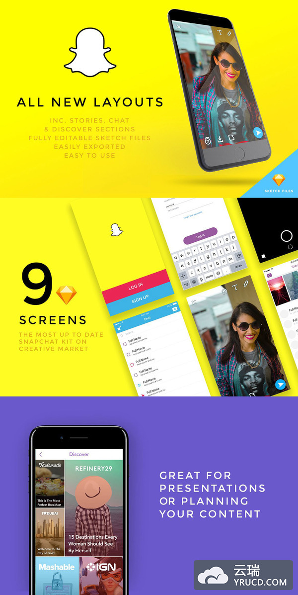 最新的Snapchat界面UI KITS套装下载[For Sketch]
