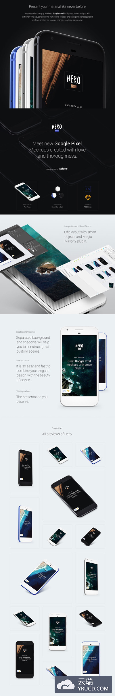 Google Pixel完美的安卓UI设计展示模型Mockup下载[PSD,专业版]