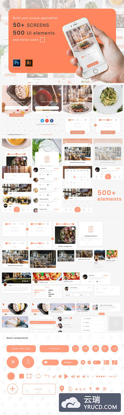 美食APP UI KITS套装下载 50个页面，500个元素套装下载[PSD]