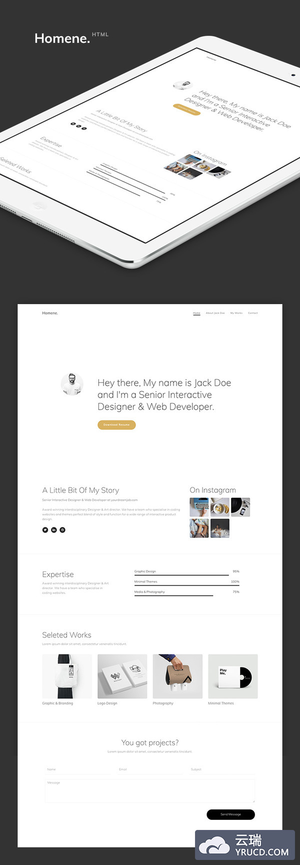 简洁大方的在线简历展示网页模板 Homene HTML Template