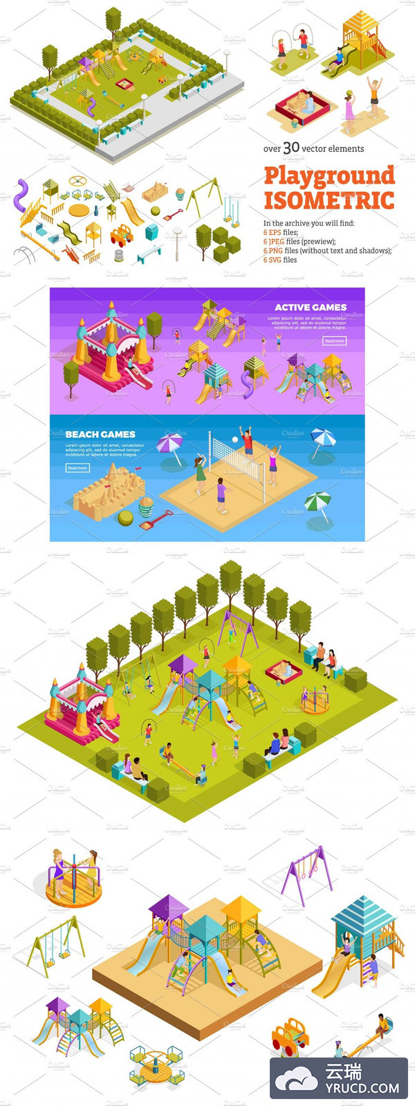 一组高品质矢量等距运动游戏场景创建元素打包下载