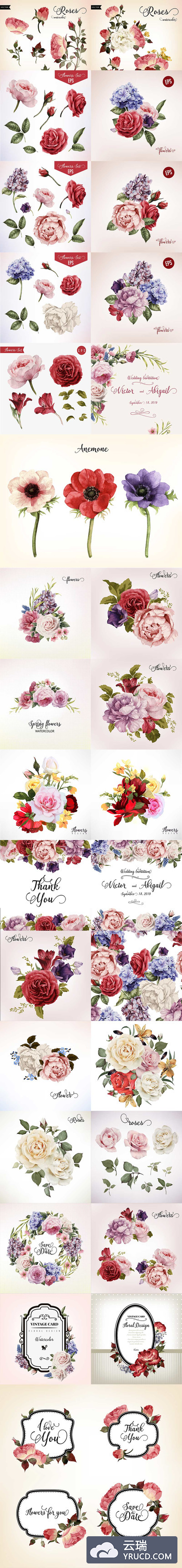 优雅的复古气息矢量花卉卡片&背景分享（eps）