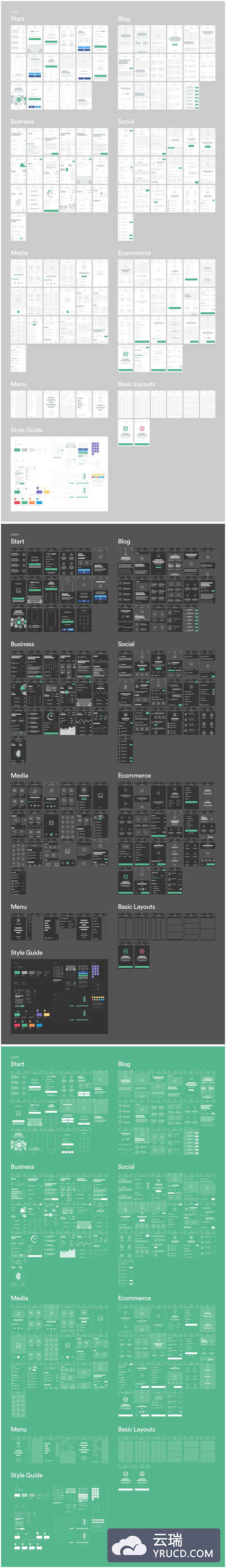 3种色彩的多功能APP产品原型线框图源文件下载[sketch]