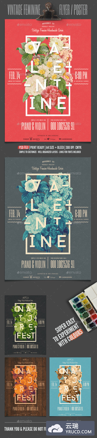 浪漫的复古花卉海报打包下载[PSD]