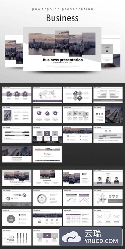 高贵紫灰色系商务PPT模版打包下载[PPTX]