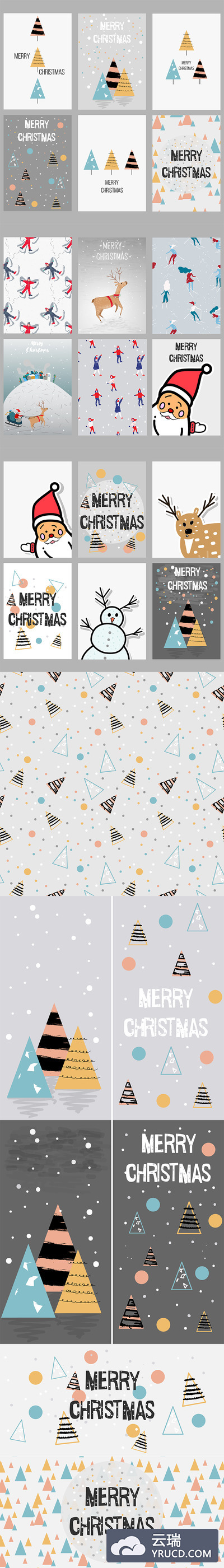 手绘清新可爱风格的矢量圣诞元素&无缝背景