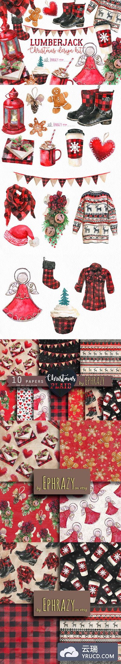 圣诞节手绘水彩风格布法罗格子素材与无缝背景纹理集合（png）