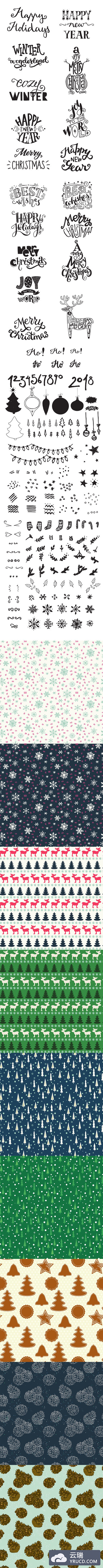 矢量圣诞元素&无缝背景图案