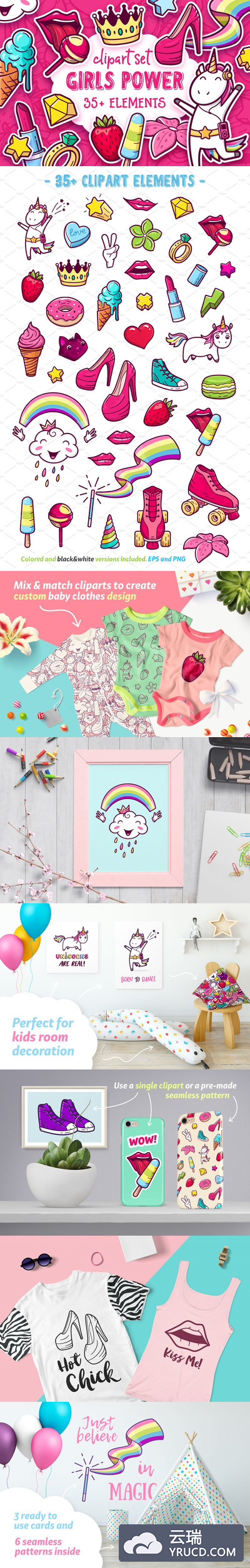 适合Girls的填色线描贴纸无缝矢量背景素材[PNG, EPS, AI，jpg]