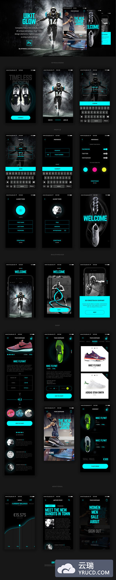 免费-酷炫的运动相关APP UI KITS套装下载[PSD]
