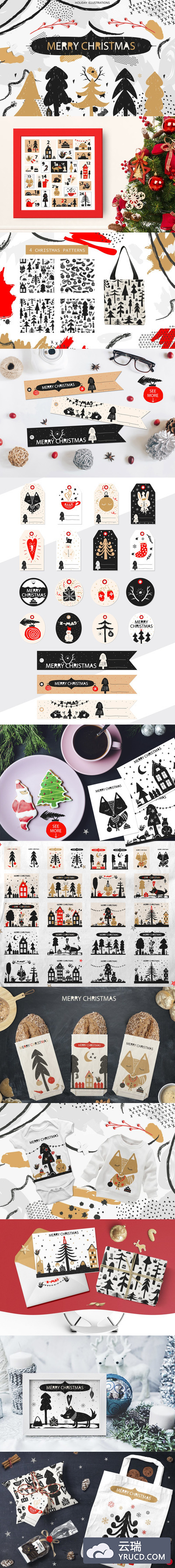 圣诞森林节日插图与可爱动物元素下载[eps,png]