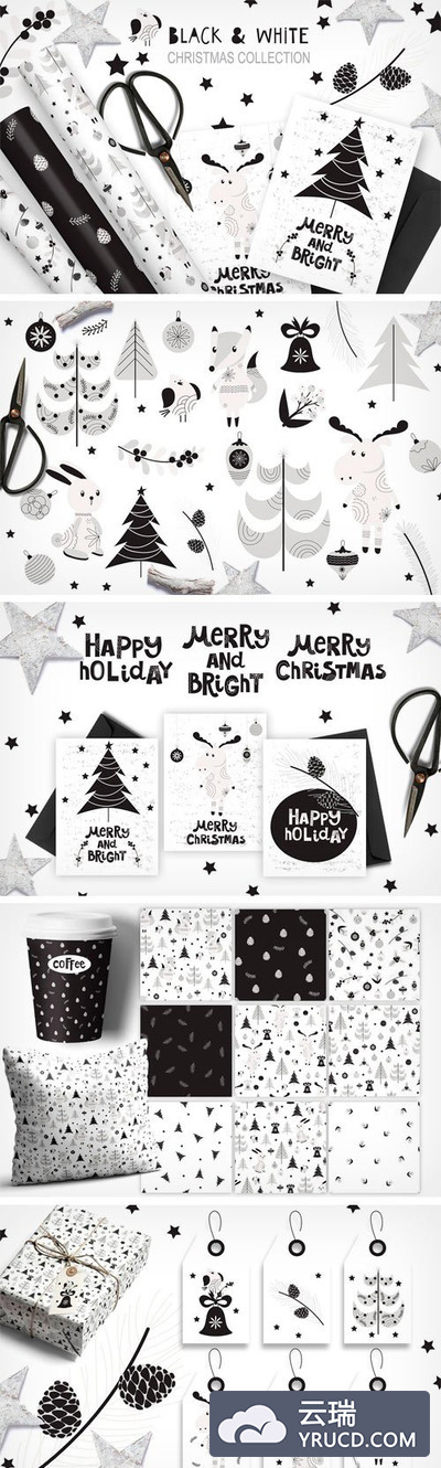 森林动植物手绘圣诞无缝背景元素下载[EPS, PNG]