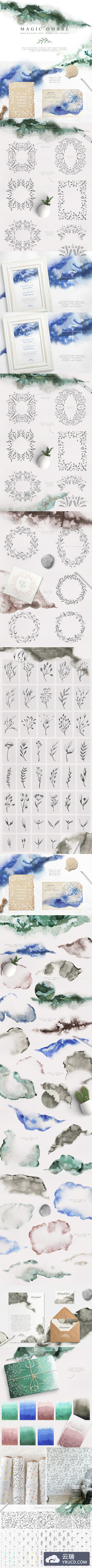 手绘矢量中国风水墨花纹已经树枝大集合