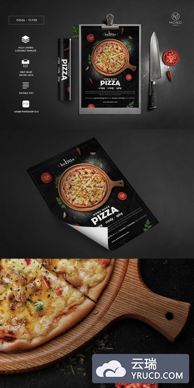 高端黑色质感的披萨pizza菜单海报传单DM设计模板