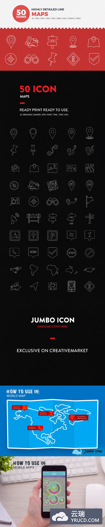 50枚矢量线形地图类图标打包下载[AI,EPS,PSD,PNG, SVG]