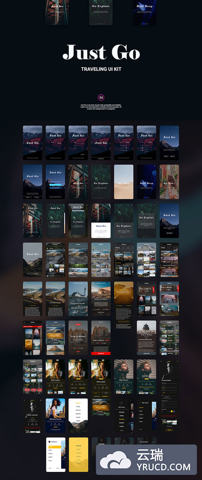 深色的世界名胜旅行类APP UI KITS套装[XD]