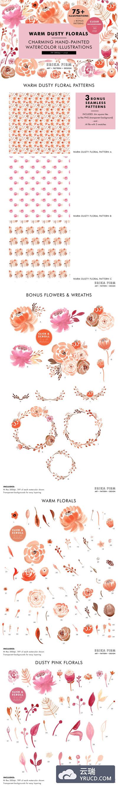 迷人的手绘水彩花卉无缝背景素材下载[ai,tiff]