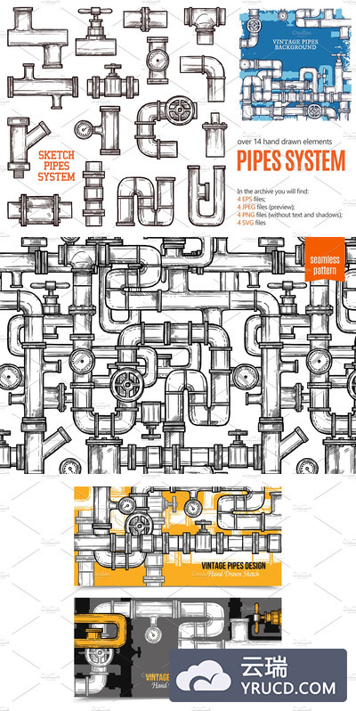 手绘矢量素描风格的管道系统的集合