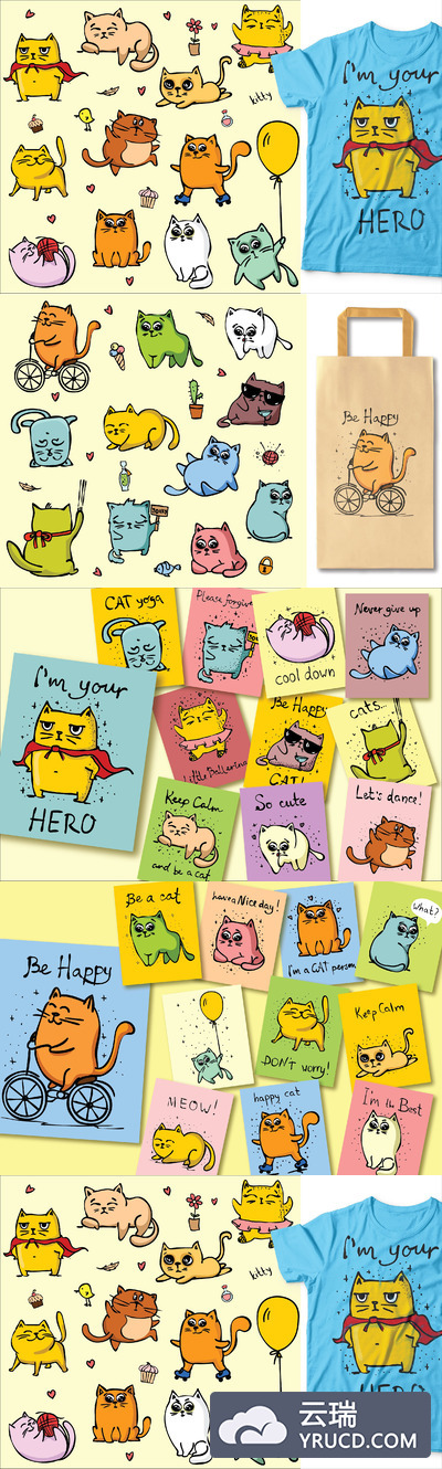 手绘风格的矢量可爱猫咪元素集合