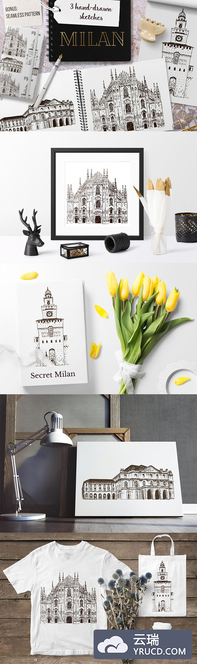 时尚手绘矢量意大利米兰标志性建筑大集合