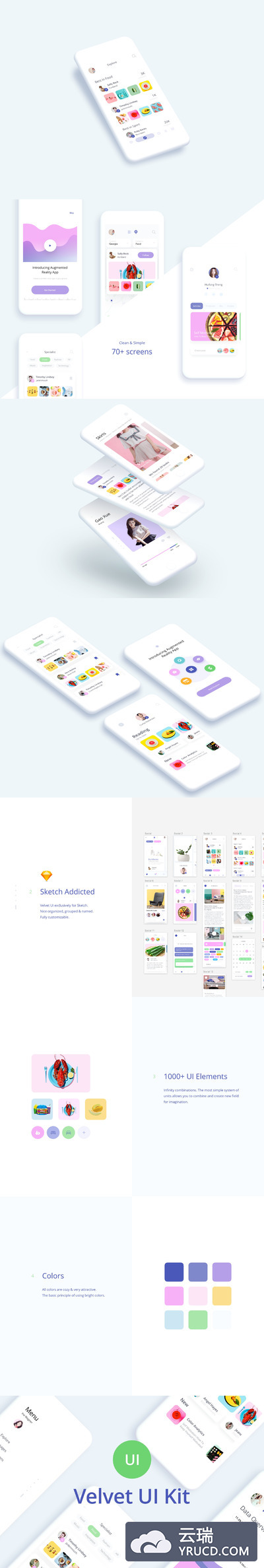 包括70多种iOS简约设计风格的高品质天鹅绒用户界面套件APP UI KITS（sketch）
