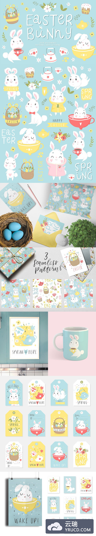 手绘可爱风格的矢量春天夏天小兔子