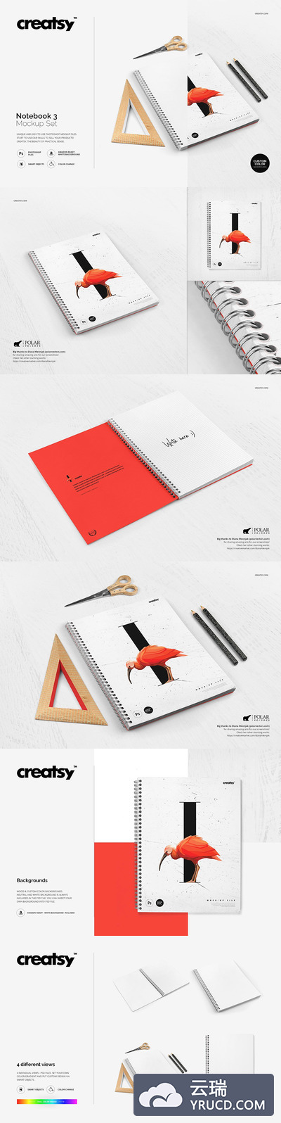 高端高品质的螺旋笔记本办公文具样机展示模型mockups