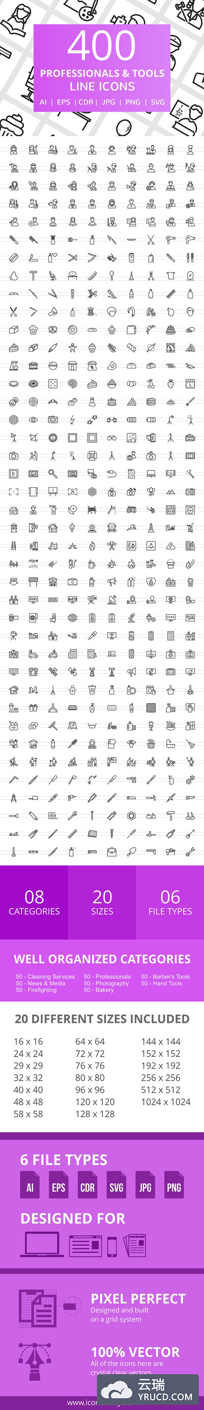 400枚专业人员及其工具线图标