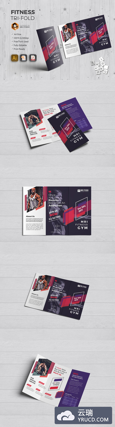一款高逼格健身三折页模版下载[ai,eps,pdf]