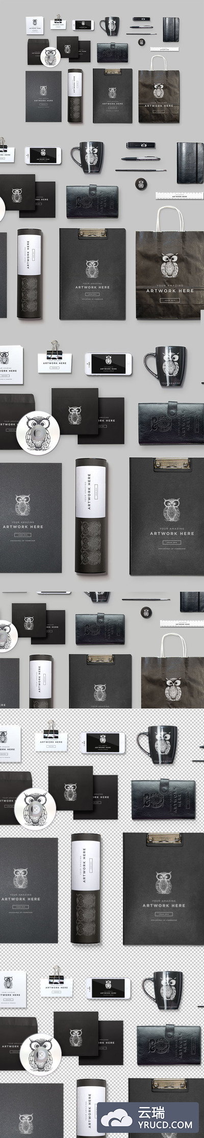 高端黑色皮质商务办公文具样机展示模型mockups