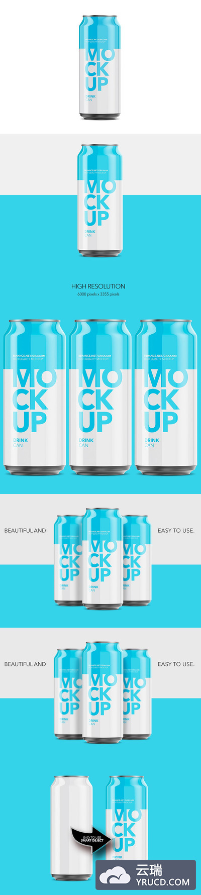 高品质的500ml光面铝罐可乐易拉罐样机展示模型mockups