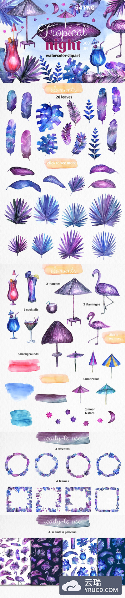 梦境一般的梦幻热带手绘植物动物元素大集合