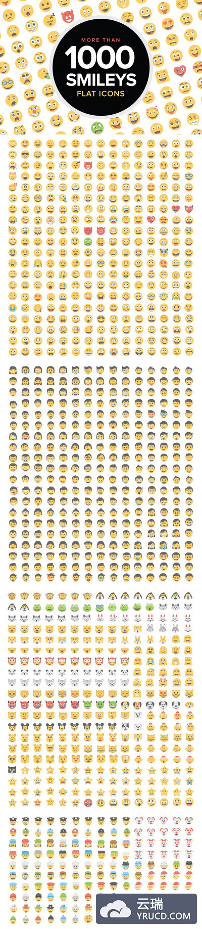 1000+特色笑脸平面图标的巨大包