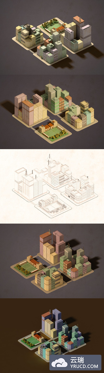 低多边形风格的4个城市街区