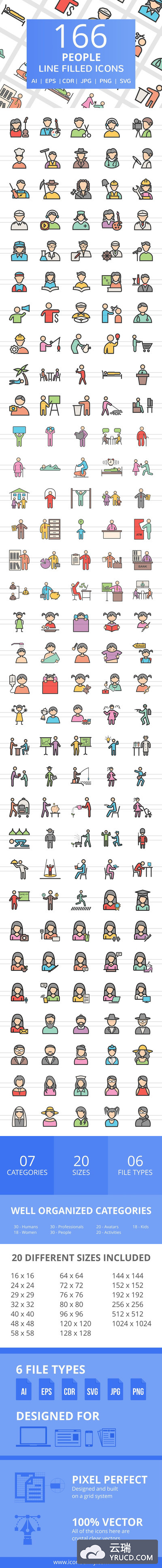 166枚各职业人物多色线描图标打包下载[AI, CDR, EPS, JPG, PNG, SVG]