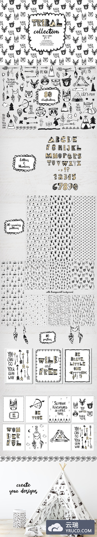 黑白色调的部落动物无缝背景素材下载[ai,eps,png,jpg,svg]