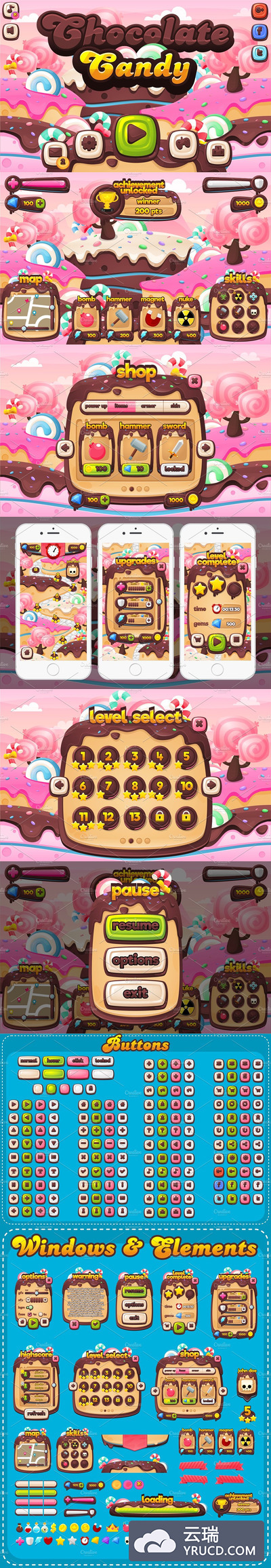 可爱的巧克力糖果游戏界面UI模板下载[ai,eps,cdr,svg,png]