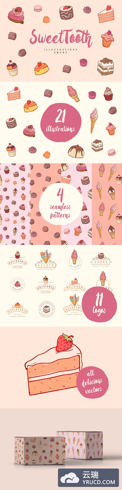 甜美的手绘蛋糕&冰淇淋矢量卡通素材下载[eps,ai,png]