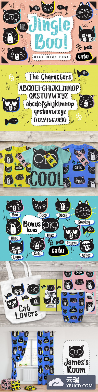 2款手写童趣英文字体猫咪无缝背景下载[OTF, TTF, JPG, EPS]