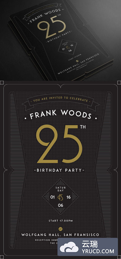 高端简约时尚黑金质感的生日派对party海报传单DM邀请函设计模板