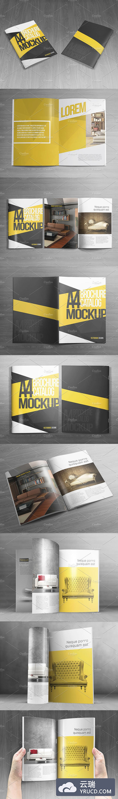 现代和干净的A4手册目录展示模型Mockups