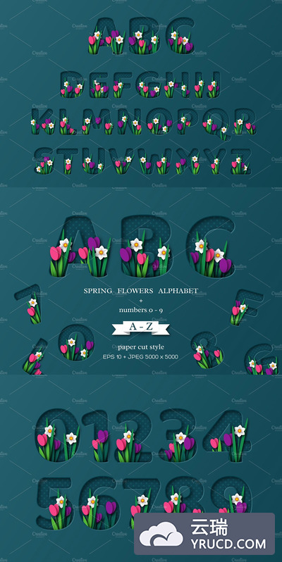 剪纸风格的春季鲜花英文字体和数字设计矢量素材下载[eps,jpg]